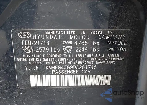 2013 Hyundai Azera из США, поврежденный, VIN KMHFG4JG9DA261745